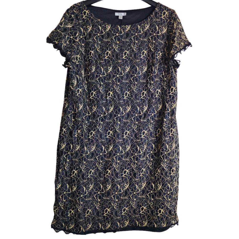 London Style Dress Women Size 22W Black Gold Lace Embroidered Floral Knee Length